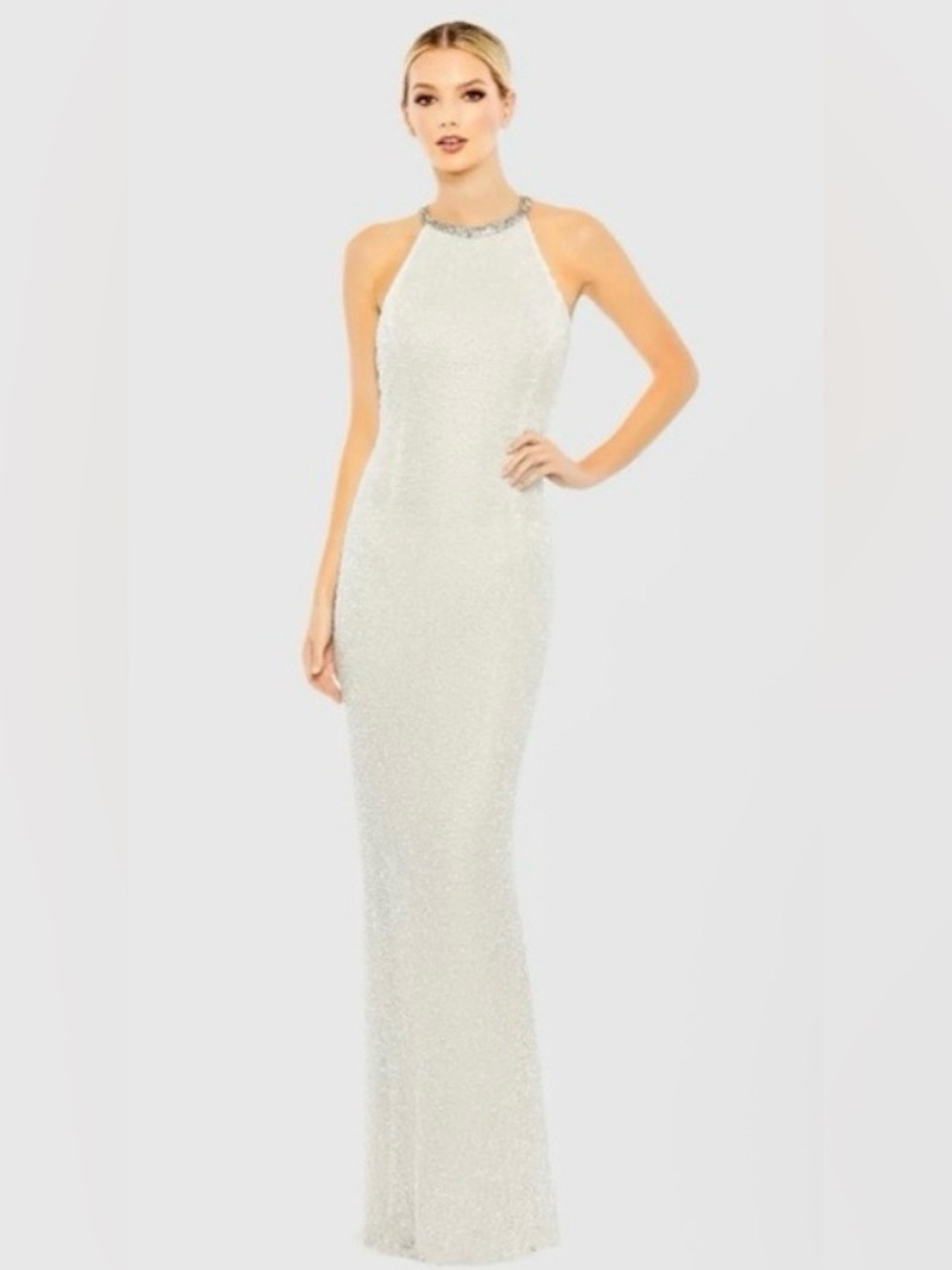 NWT MAC DUGGAL SZ 6 White Beaded Embellished Halter Neckline #93742